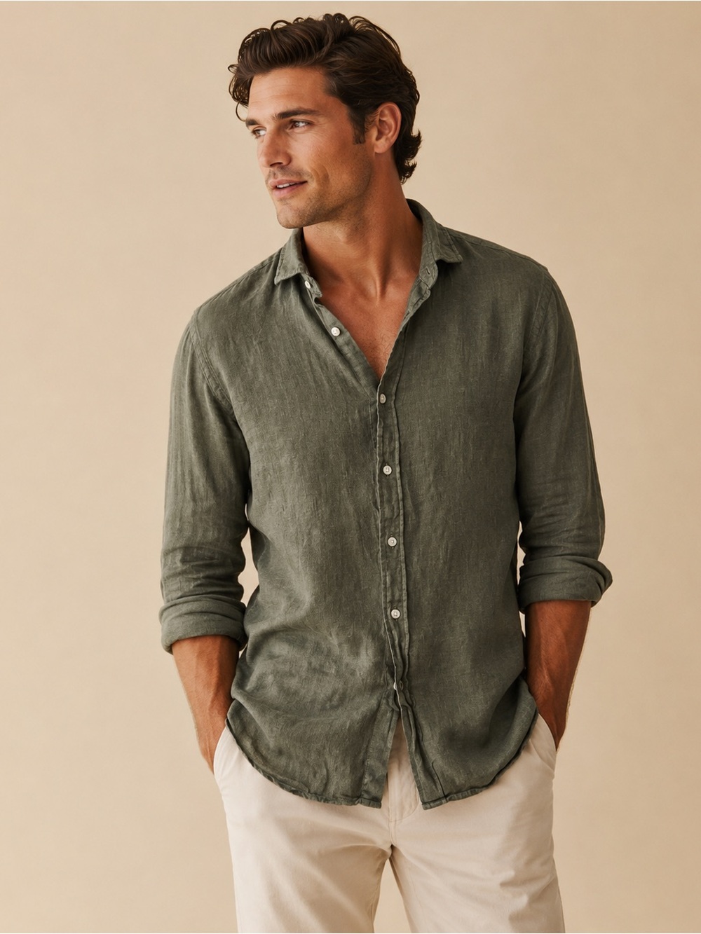 Charles Tyrwhitt Olive Linen Euro Summer Button Shirt